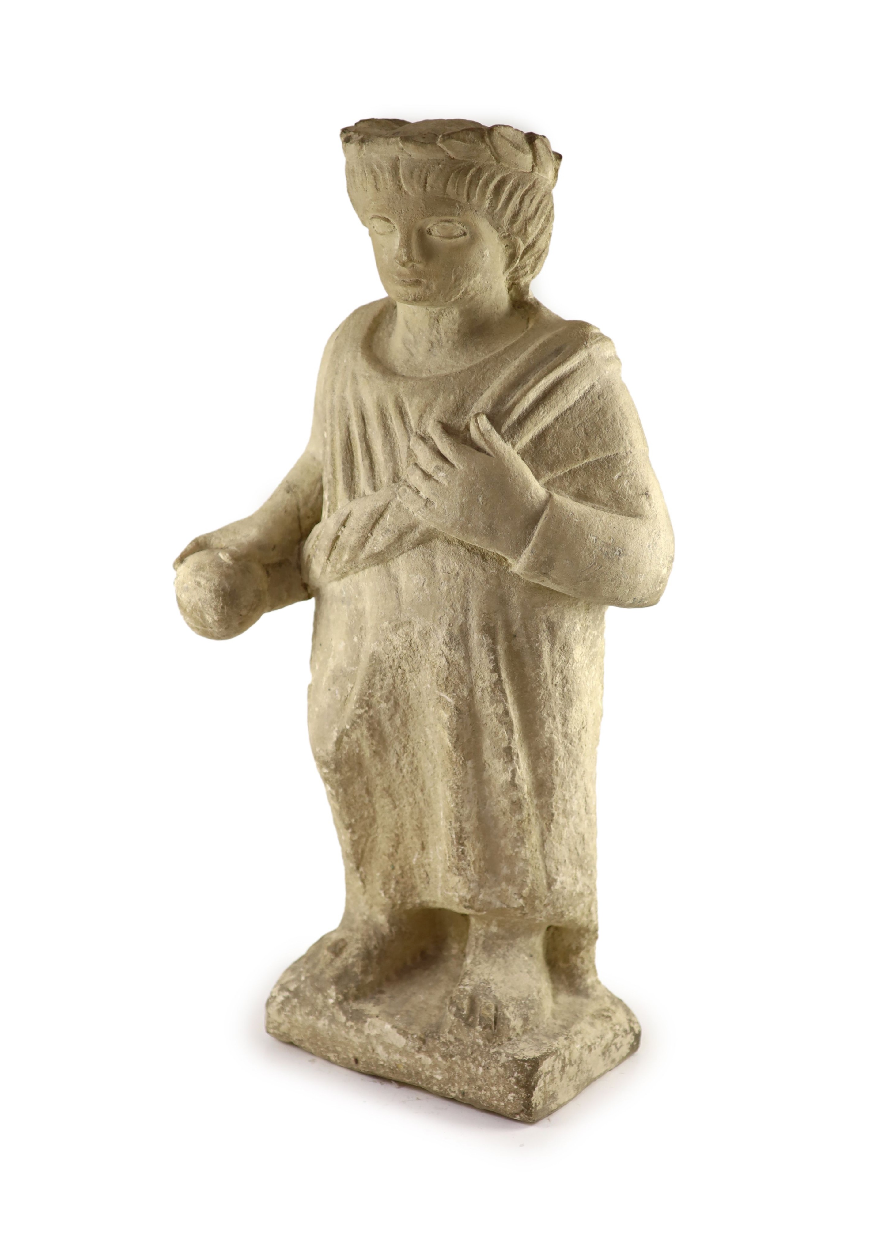 A Cypriot carved limestone Votive figure of a Goddess, 7th century B.C., H 65cm. W 32cm. D 18cm.
